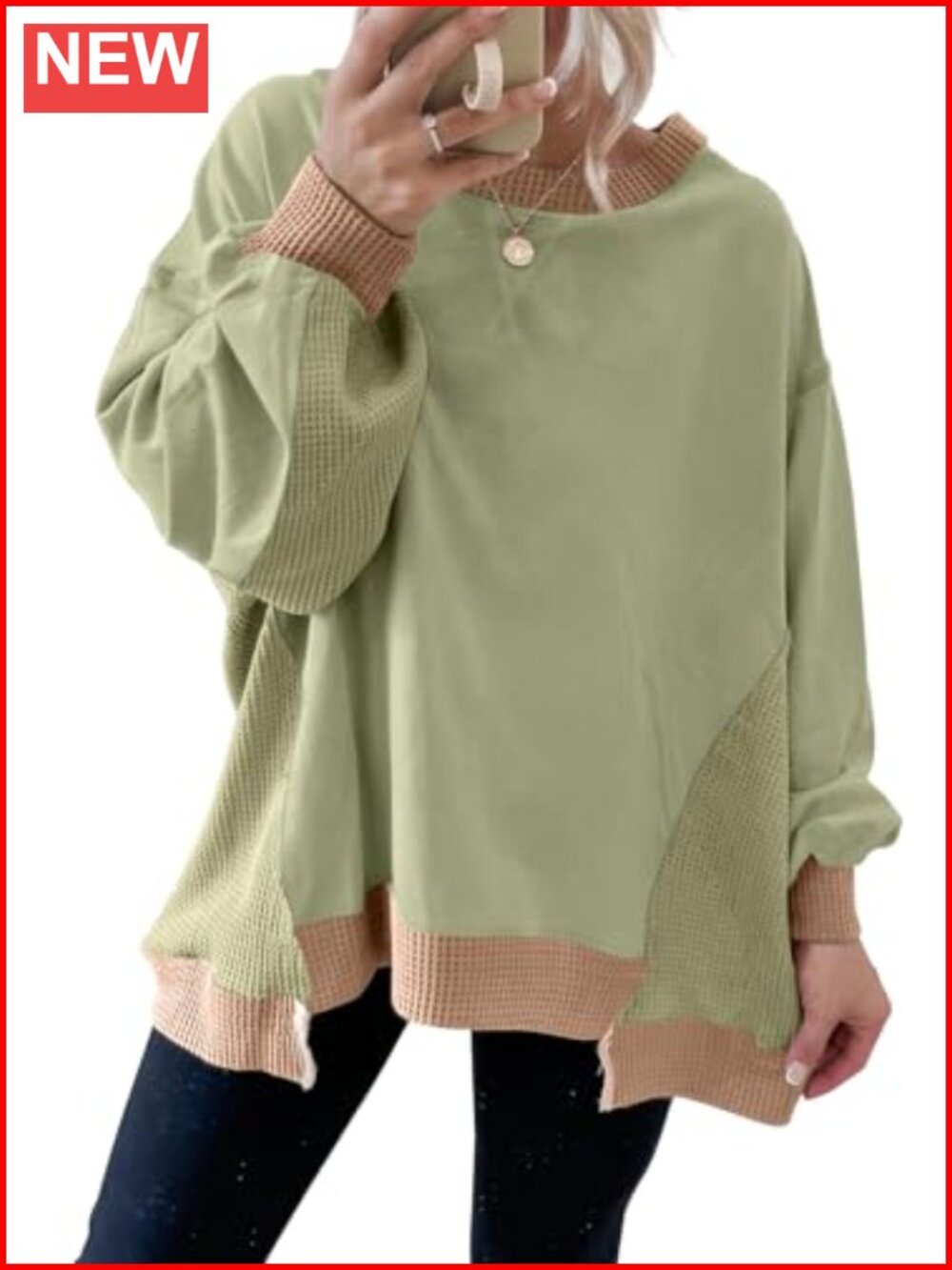 Crew Neck Waffle Knit Color Block Oversized Long Sleeve Sweatshirt